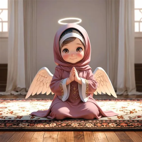 انواع دعای چشم زخم امام صادق (ع) 2 1742393 کودک مسلمان فرشته نما با هاله نور بال سفید و لباس صورتی در حال دعا